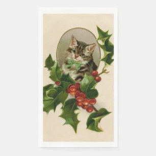 Cat Christmas Merry Holly Kitten Antique Art Serviette