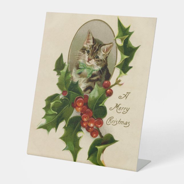 Cat Christmas Merry Holly Kitten Antique Art Sockelschild (Vorderseite)