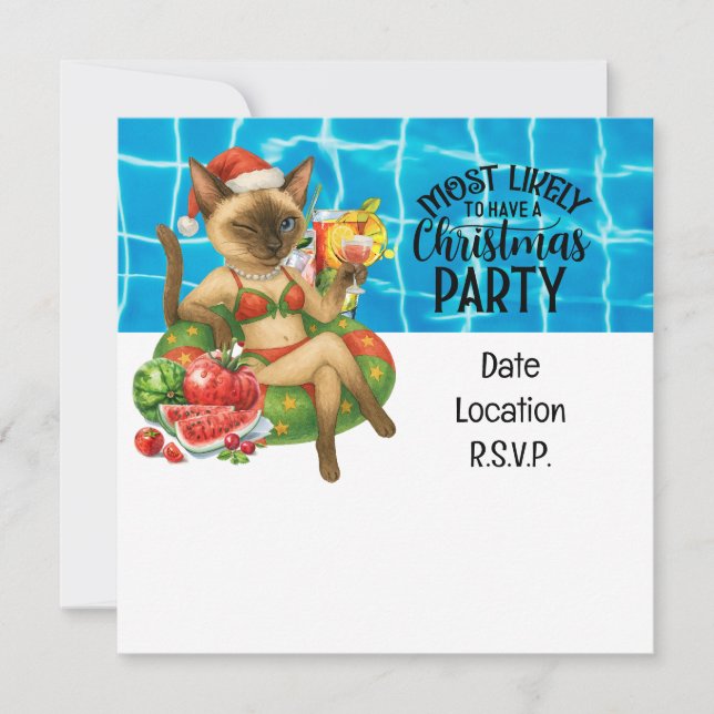 Cat Christmas Pool Party Einladung Card (Vorderseite)