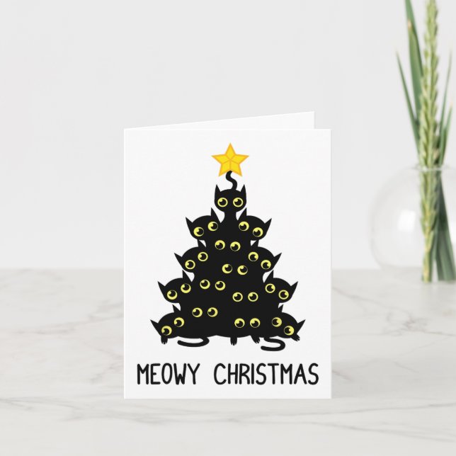Cat Christmas Tree Niedlich Black Kitten Lover Meo Karte (Vorderseite)