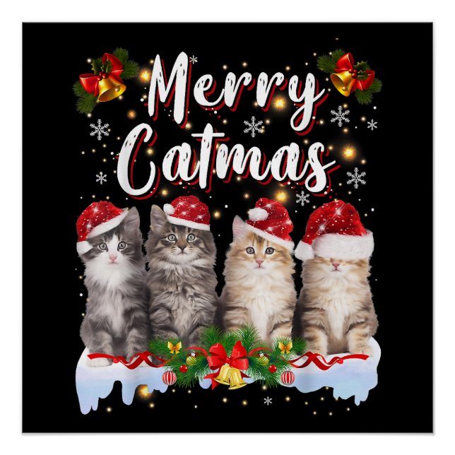 Cat Christmas Weihnachtsmannmütze Funny Merry Catm Poster (Vorderseite)