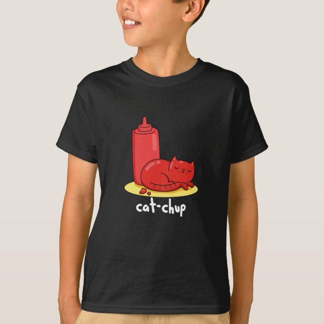 Cat chup Funny Red Ketchup Cat Pun Dark BG T-Shirt (Vorderseite)