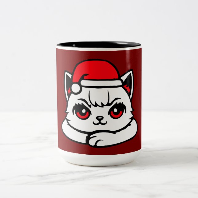Cat Confident Santa Hat Crossed Arms Christmas Zweifarbige Tasse (Mittel)