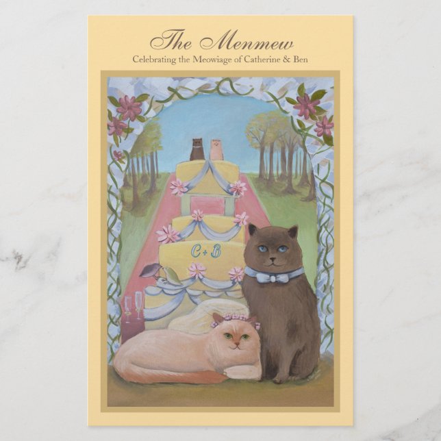 Cat Couple Yellow Wedding Menu Card (Vorderseite)