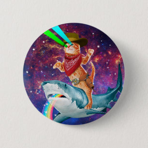 Cat Cowboy mit einem Hai, der einen Regenbogen spu Button