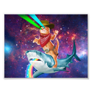 Cat Cowboy mit einem Hai, der einen Regenbogen spu Fotodruck