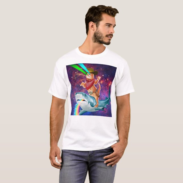 Cat Cowboy mit einem Hai, der einen Regenbogen spu T-Shirt (Vorne ganz)