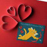 Cat Cupid Valelentinstag Postkarte<br><div class="desc">Senden Sie den Purfect Valentine's Day Gruß mit dieser Postkarte. Es zeigt einen Cartoon-Stil, wie eine orangefarbene Katze ihre beste Figur von Cupid mit festlichen roten Herzakzenten vor einem dunkelblauen Hintergrund macht. Es ist bereit, mit Ihrer eigenen Botschaft auf der Vorderseite in aquamarinen Buchstaben personalisiert zu sein. Die Rückseite hat...</div>