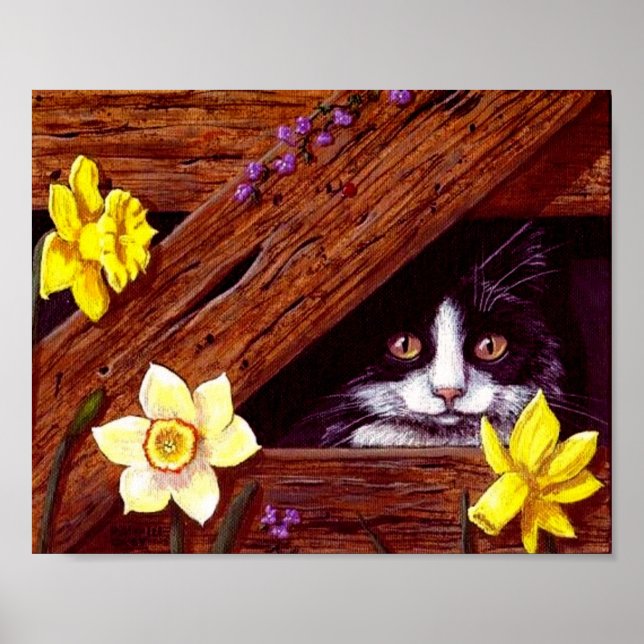 Cat Daffodils Barn Originale Kunst Poster (Vorne)
