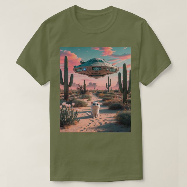 Cat Desert UFO Fatigue Green T - Shirt (Design vorne)