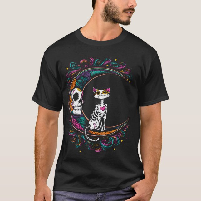 Cat Dia De Los Muertos Sugar Skull Halloween Costu T-Shirt (Vorderseite)