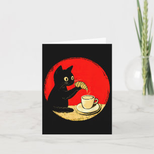Cat Dipping Croissant in Coffee Niedlich Black Cat Karte