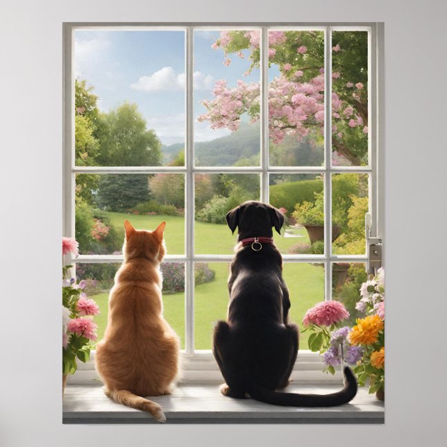 Cat Dog Ausblick aus dem Fenster Poster (Vorne)
