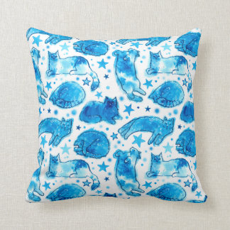 Cat Dream Stars Wasserfarben Katzen Muster Blau We Kissen
