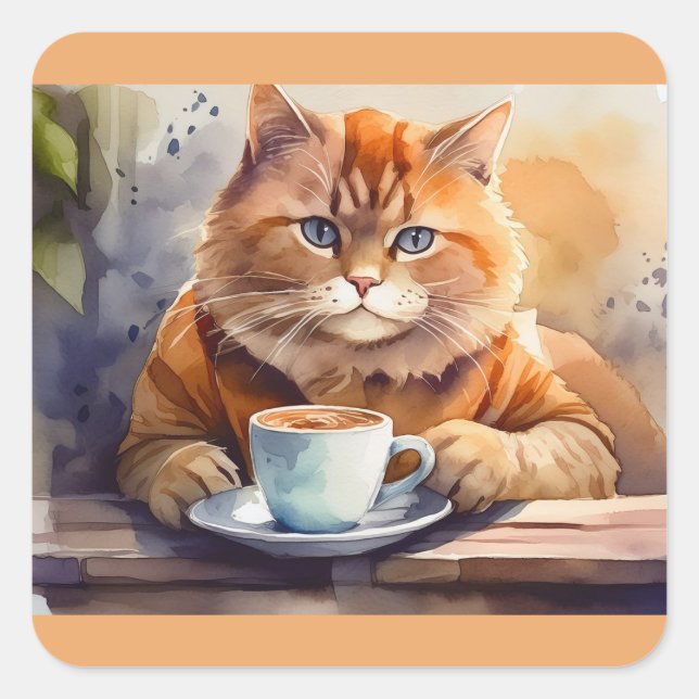 Cat Drink Coffee Square Stickers (Vorderseite)