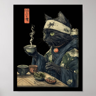 Cat Drinking Tee Japanisches Teezeremonie Kunst, D Poster