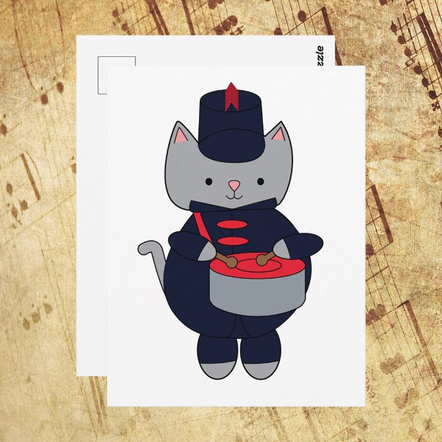 Cat Drummer Marching Band Navy Blue and Red Postkarte (A postcard with a cat playing the drums in a navy blue & red marching band uniform.)