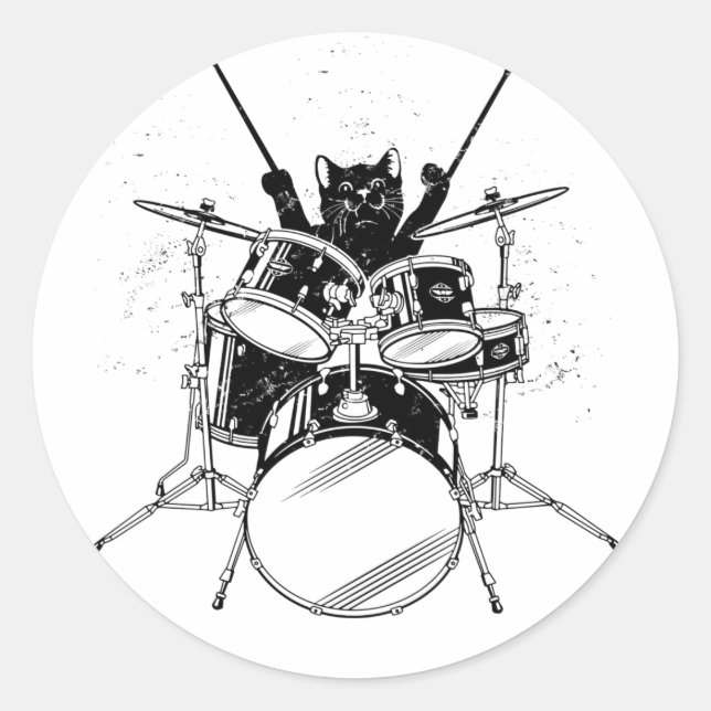 Cat Drummer Playing Drums Classic Round Sticker (Vorderseite)