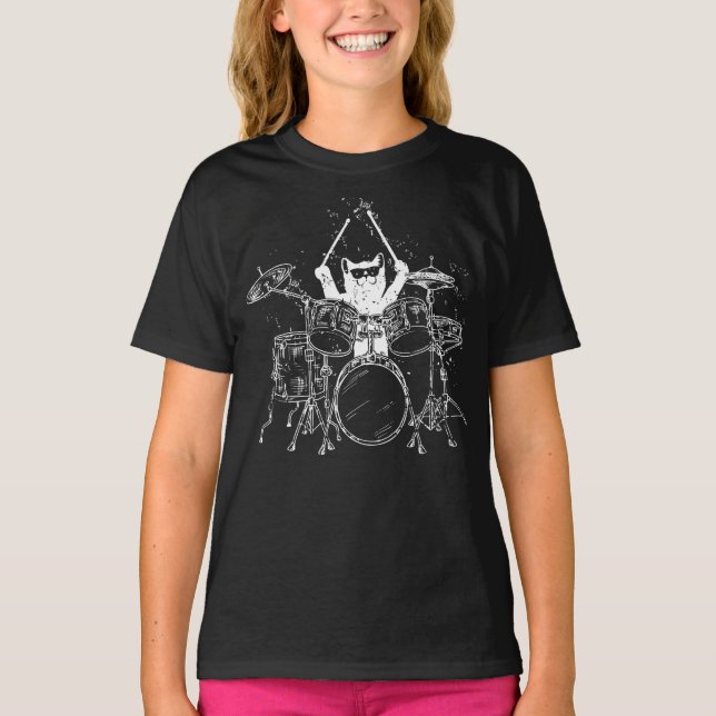 Cat Drummer Playing Drums Girl T-Shirt (Vorderseite)