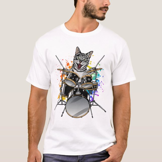 Cat Drummer Playing Drums Men T-Shirt (Vorderseite)