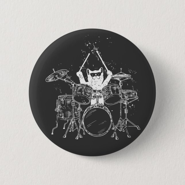 Cat Drummer Playing Drums Round Button (Vorderseite)