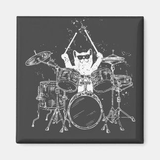 Cat Drummer Playing Drums Square Magnet