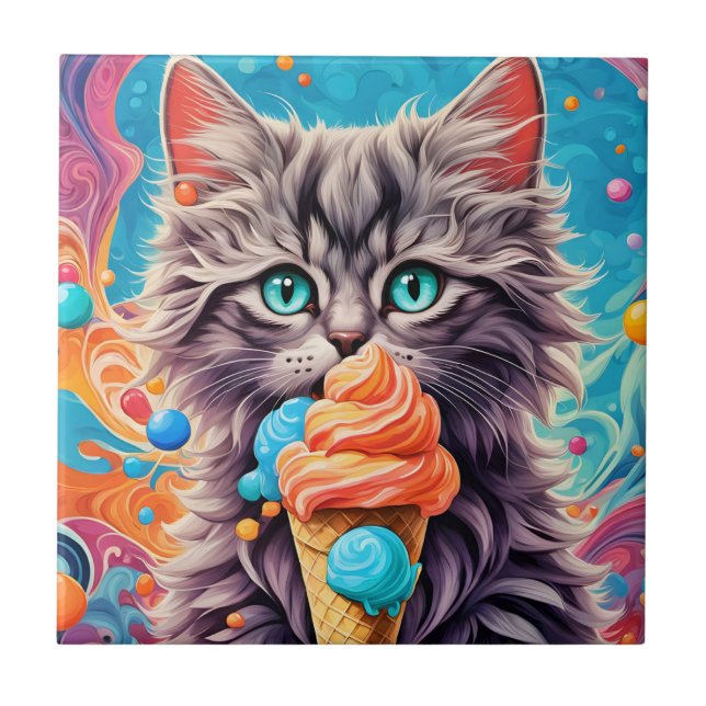 Cat Eating Ice Cream Cone Funny Kitten Cat 779 Fliese (Vorderseite)