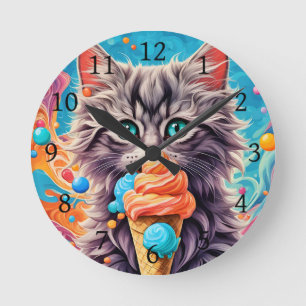 Cat Eating Ice Cream Cone Funny Kitten Cat 779 Runde Wanduhr