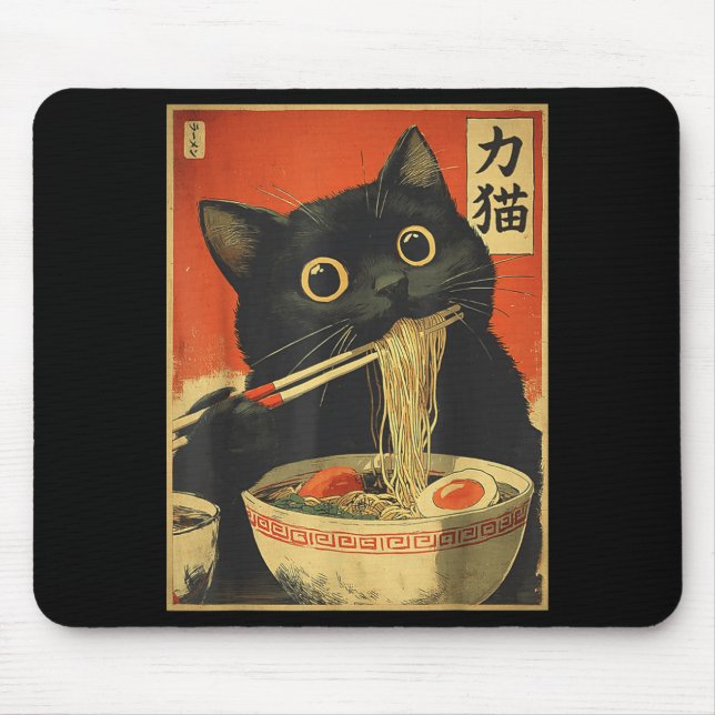Cat Eating Ramen Funny Japanese Kawaii Cat Anime L Mousepad (Vorne)