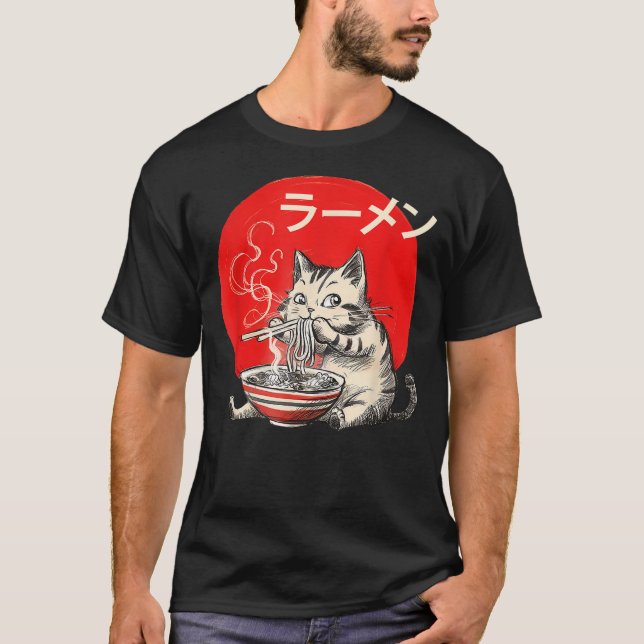 Cat Eating Ramen Japanese Noodles Retro Hiragana T-Shirt (Vorderseite)