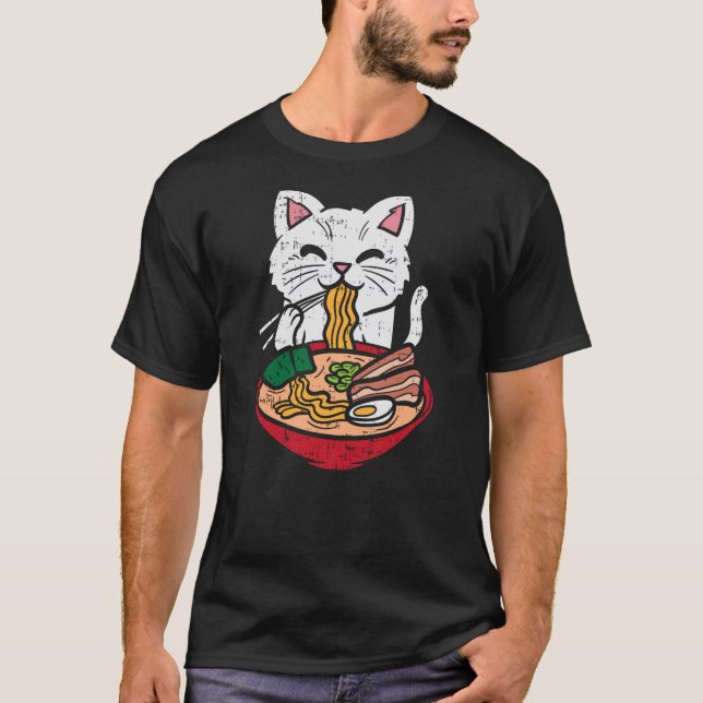 Cat Eating Ramen Kawaii Japanese Noodles Anime Foo T-Shirt (Vorderseite)