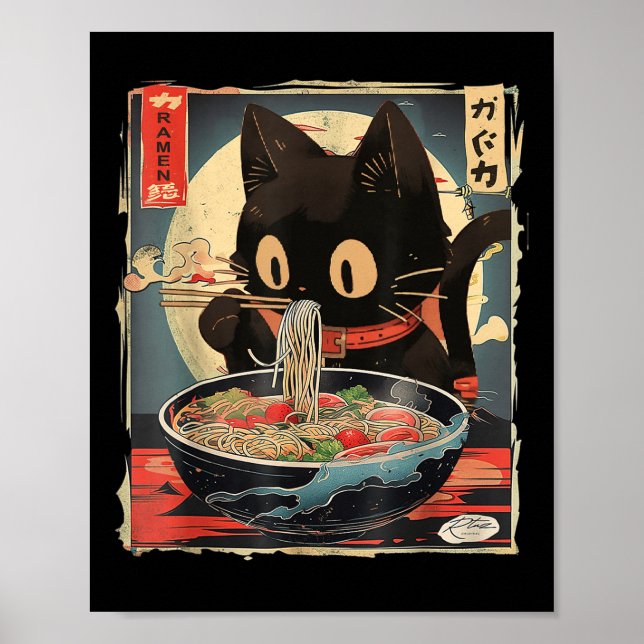 Cat Eating Ramen Noodle Funny Japanisch Kawaii Ani Poster (Vorne)