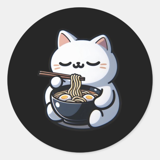 Cat Eating Ramen Noodles Kawaii Anime Japanischer  Runder Aufkleber (Vorderseite)