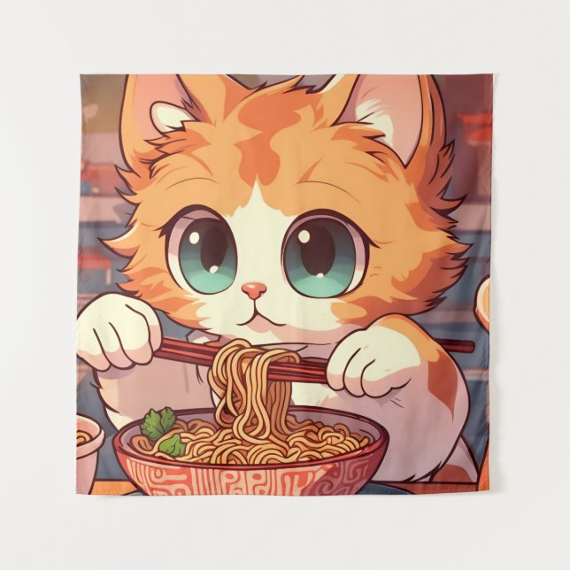 Cat Eating Ramen Noodles Wandteppich (Vorderseite)