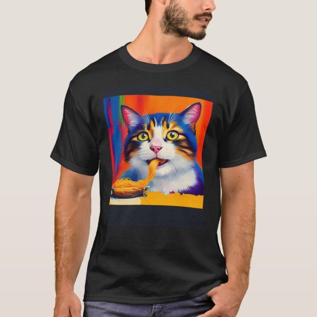 Cat Eating Spaghetti Oil Painting Style T-Shirt (Vorderseite)