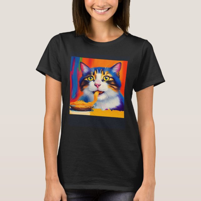 Cat Eating Spaghetti Oil Painting Style T-Shirt (Vorderseite)