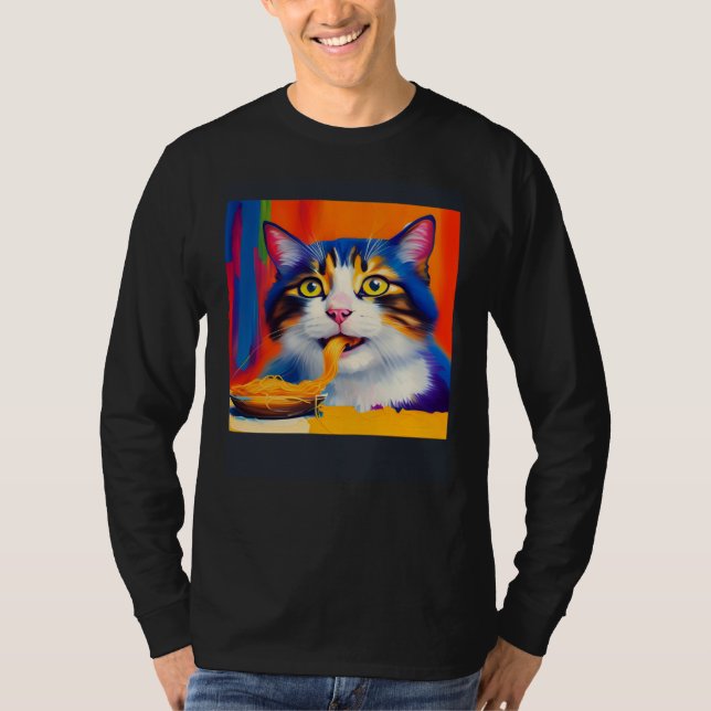 Cat Eating Spaghetti Oil Painting Style T-Shirt (Vorderseite)