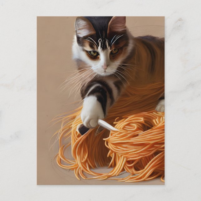 Cat Eating Spaghetti Postcard Postkarte (Vorderseite)