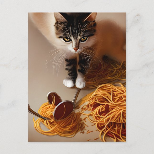 Cat Eating Spaghetti Postcard Postkarte (Vorderseite)