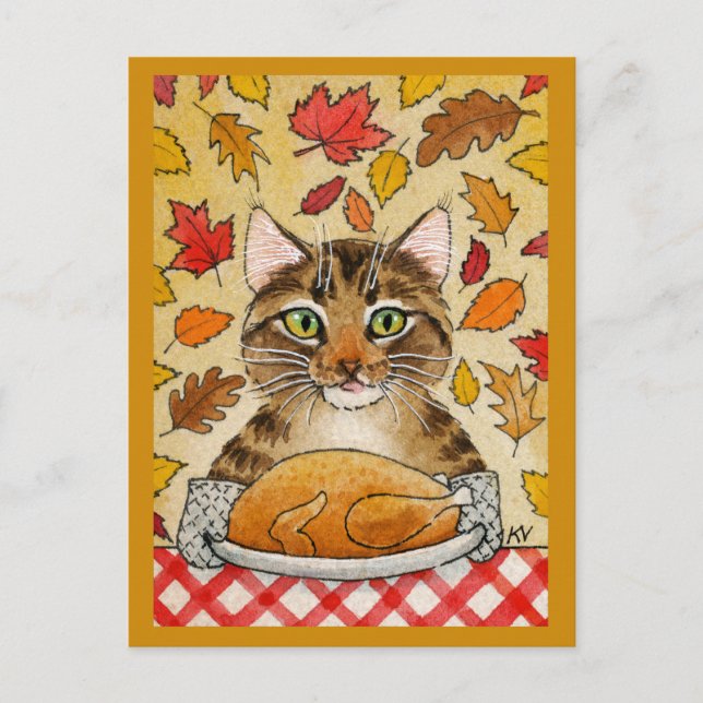 Cat Erntedank Türkei Abendessen Herbstlaube Postkarte (Vorderseite)