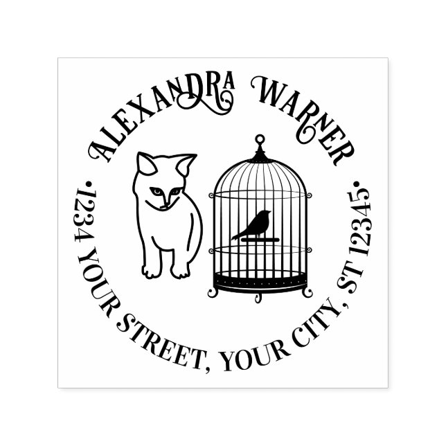 Cat Eying Bird in Cage Round Name Rücksendeadresse Permastempel (Design)