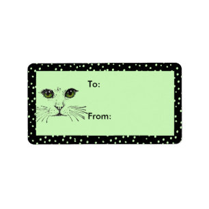 Cat Face Green Eyes Black Polka Dot Border Adressaufkleber