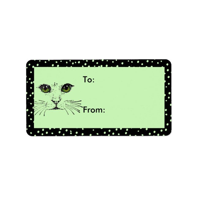Cat Face Green Eyes Black Polka Dot Border Adressaufkleber (Vorne)