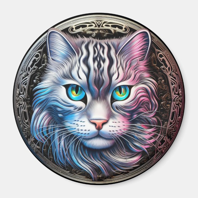 Cat Face Silvery Metallic Theme Magnet (Vorne)