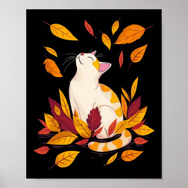 Cat Fall Leaf Tree Hallo Herbst Erntedank Poster (Vorne)