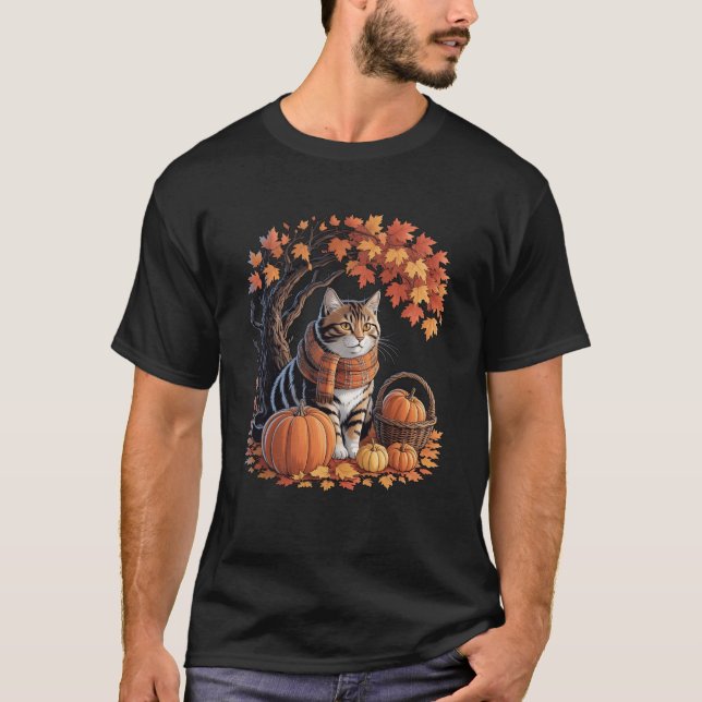 Cat Fall Scarf Pumpkin Autumn Kitten Lover Thanksg T-Shirt (Vorderseite)