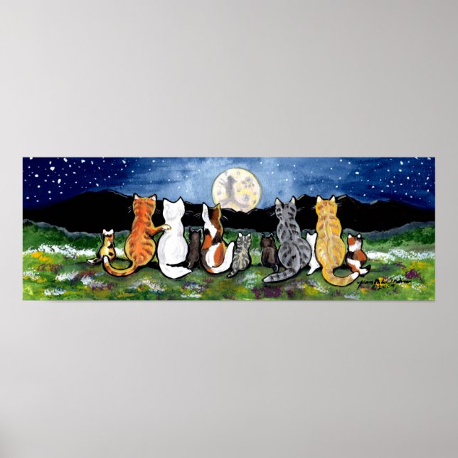 Cat Family Watching Moon Night Poster Navy Tabby (Vorne)