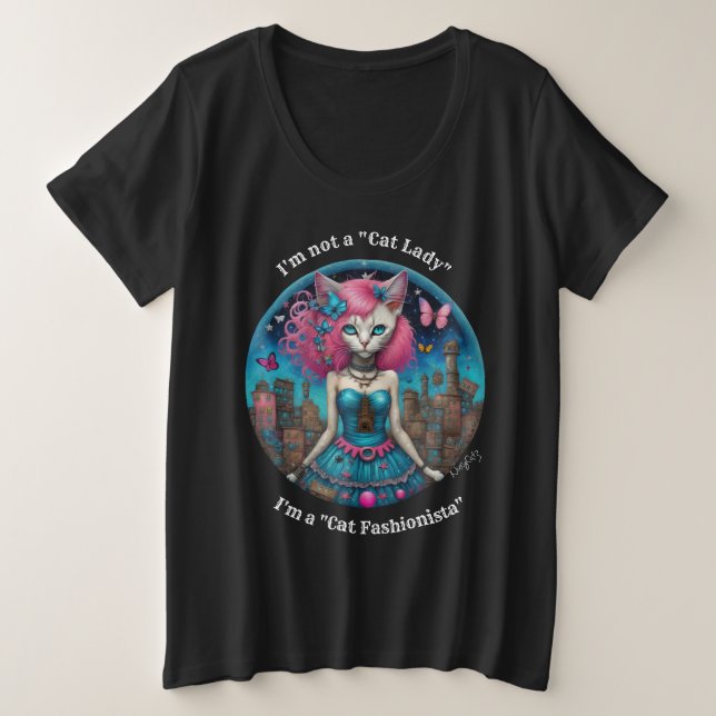 Cat Fashionista (dunkles Shirt) Plus S Große Größe T-Shirt (Design vorne)