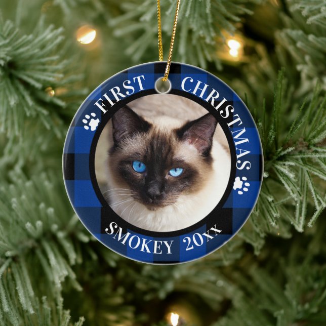 Cat First Christmas 2-Foto Blau und Schwarz Karier Keramikornament (Baum)