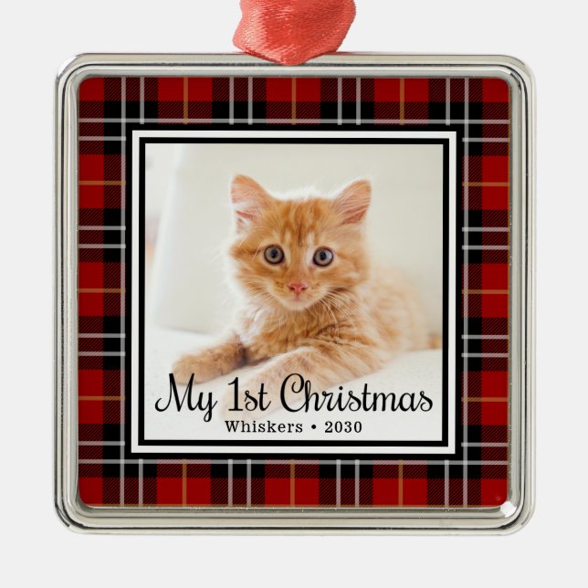 Cat First Christmas Foto Ornament Aus Metall (Vorne)